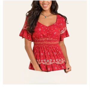 Panhandle Slim Red Women's Smocked Top with Lace Detail